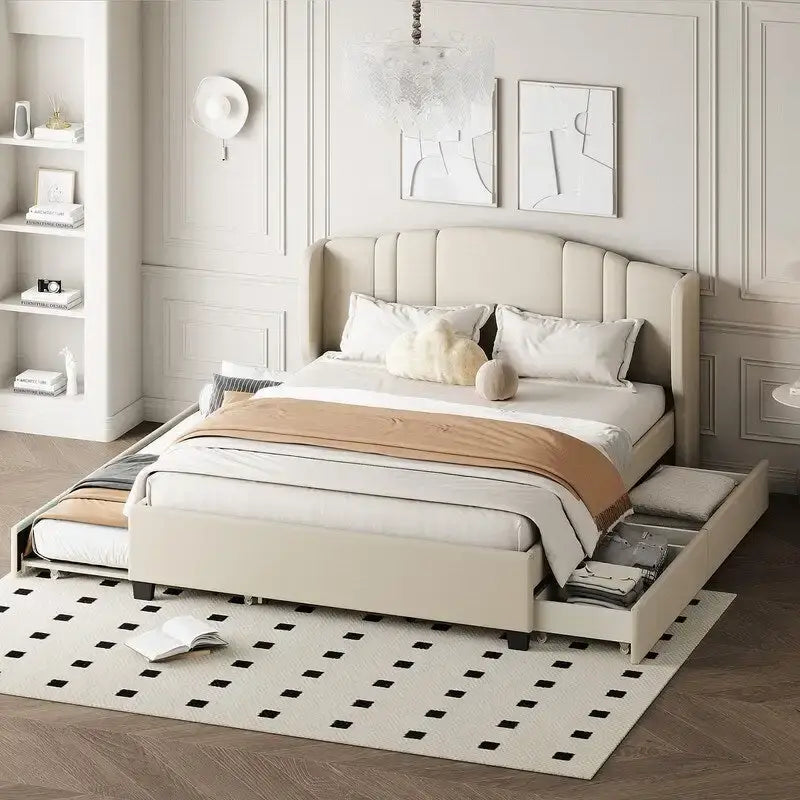 Lit plateforme capitonné en lin Queen Size avec lit gigogne double et 2 tiroirs