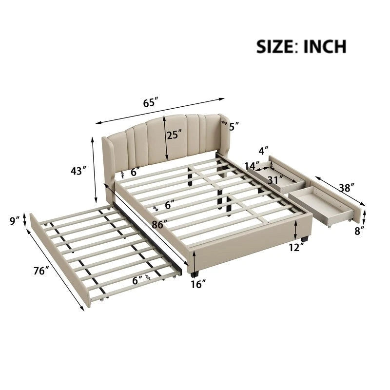 Lit plateforme capitonné en lin Queen Size avec lit gigogne double et 2 tiroirs