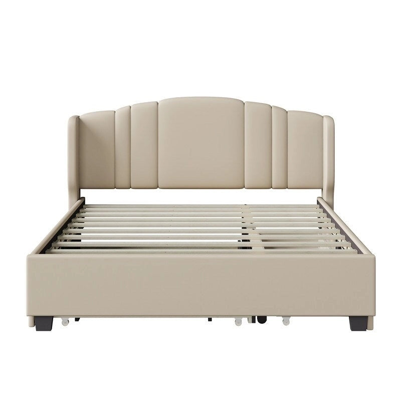 Lit plateforme capitonné en lin Queen Size avec lit gigogne double et 2 tiroirs