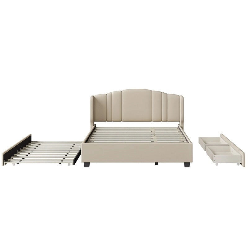 Lit plateforme capitonné en lin Queen Size avec lit gigogne double et 2 tiroirs