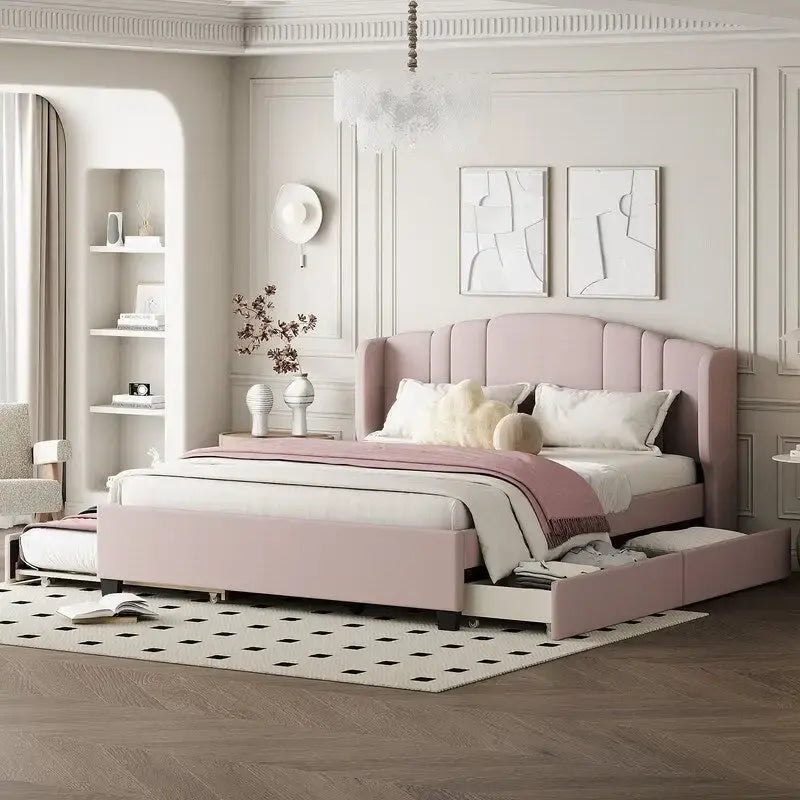 Lit plateforme capitonné en lin Queen Size avec lit gigogne double et 2 tiroirs