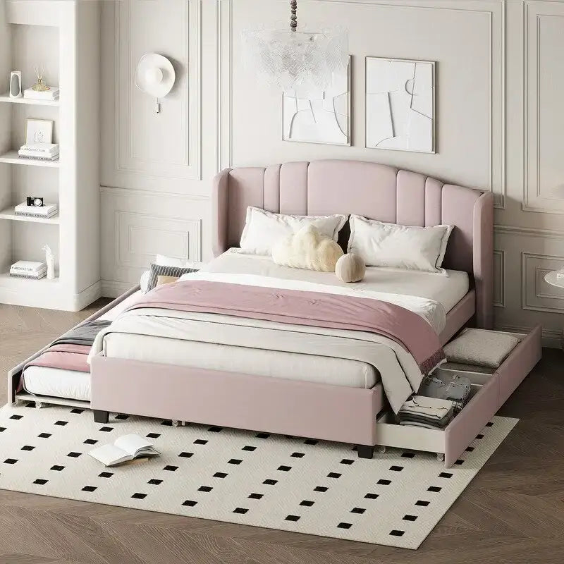 Lit plateforme capitonné en lin Queen Size avec lit gigogne double et 2 tiroirs