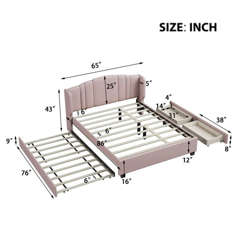 Lit plateforme capitonné en lin Queen Size avec lit gigogne double et 2 tiroirs