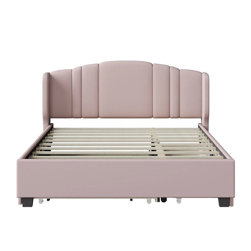 Lit plateforme capitonné en lin Queen Size avec lit gigogne double et 2 tiroirs