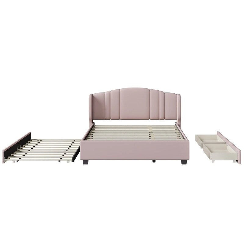 Lit plateforme capitonné en lin Queen Size avec lit gigogne double et 2 tiroirs