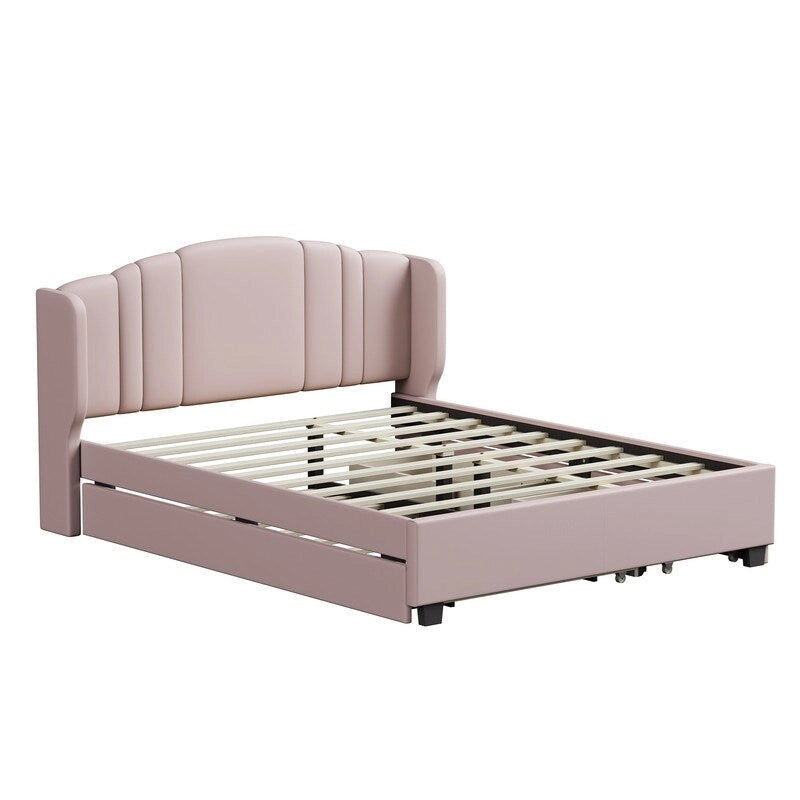 Lit plateforme capitonné en lin Queen Size avec lit gigogne double et 2 tiroirs