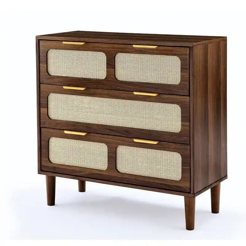 Commode Grondin de style bohème moderne du milieu du siècle, 3 tiroirs en rotin avec cadre en MDF et pieds en bois massif, commode de chambre