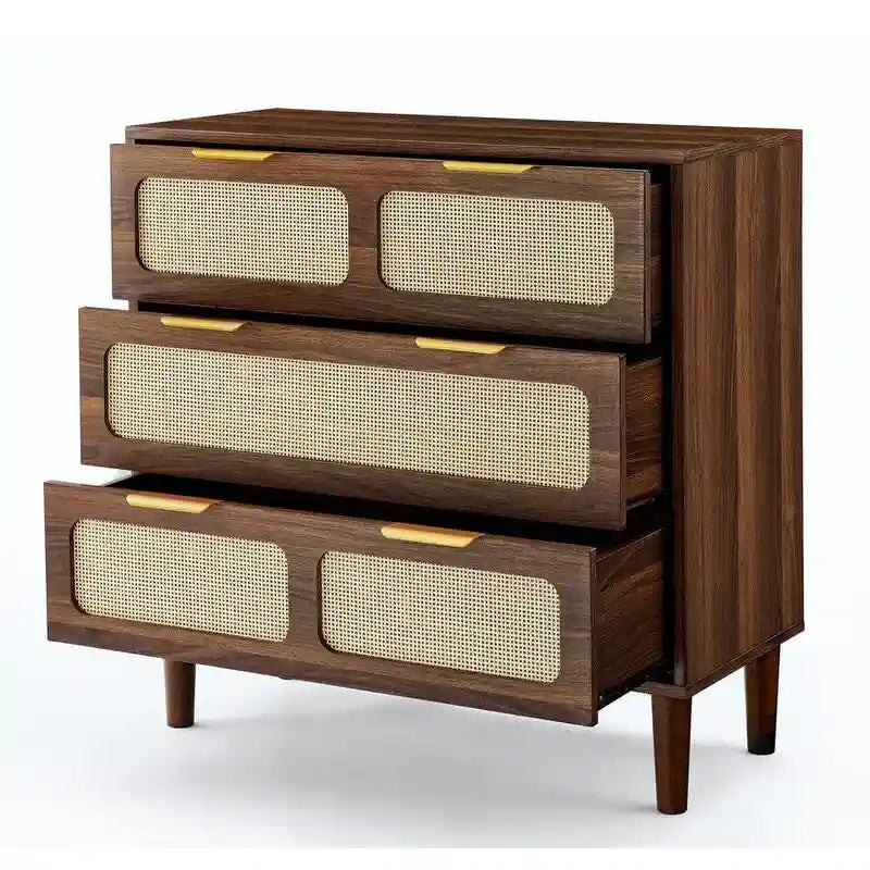 Commode Grondin de style bohème moderne du milieu du siècle, 3 tiroirs en rotin avec cadre en MDF et pieds en bois massif, commode de chambre