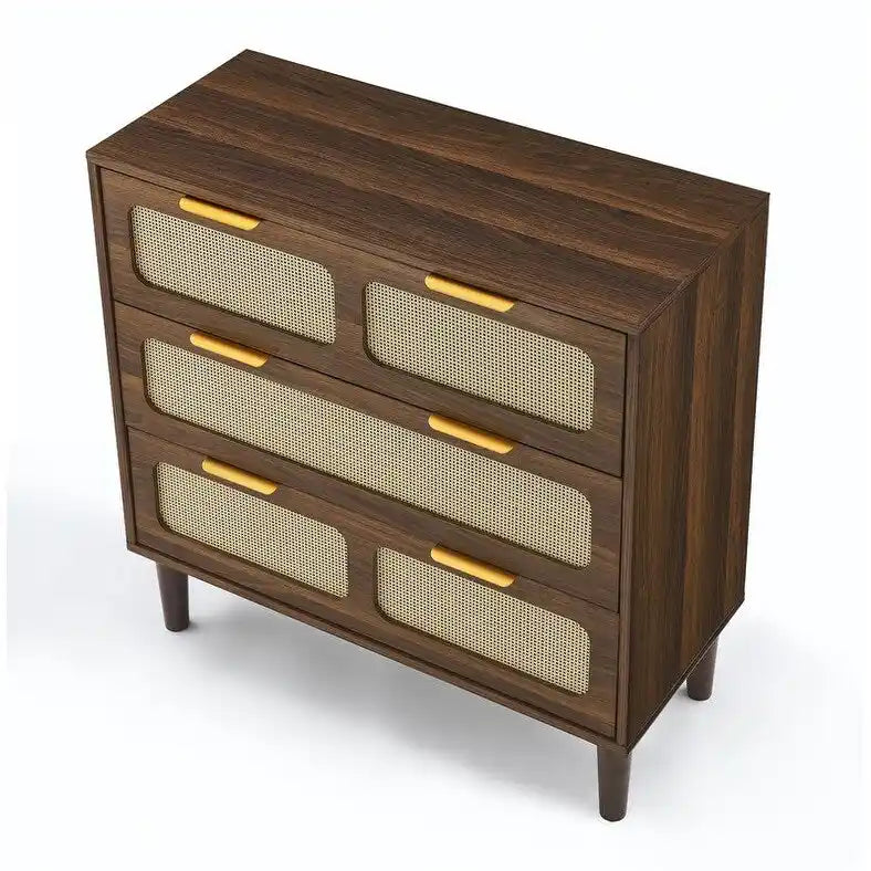 Commode Grondin de style bohème moderne du milieu du siècle, 3 tiroirs en rotin avec cadre en MDF et pieds en bois massif, commode de chambre