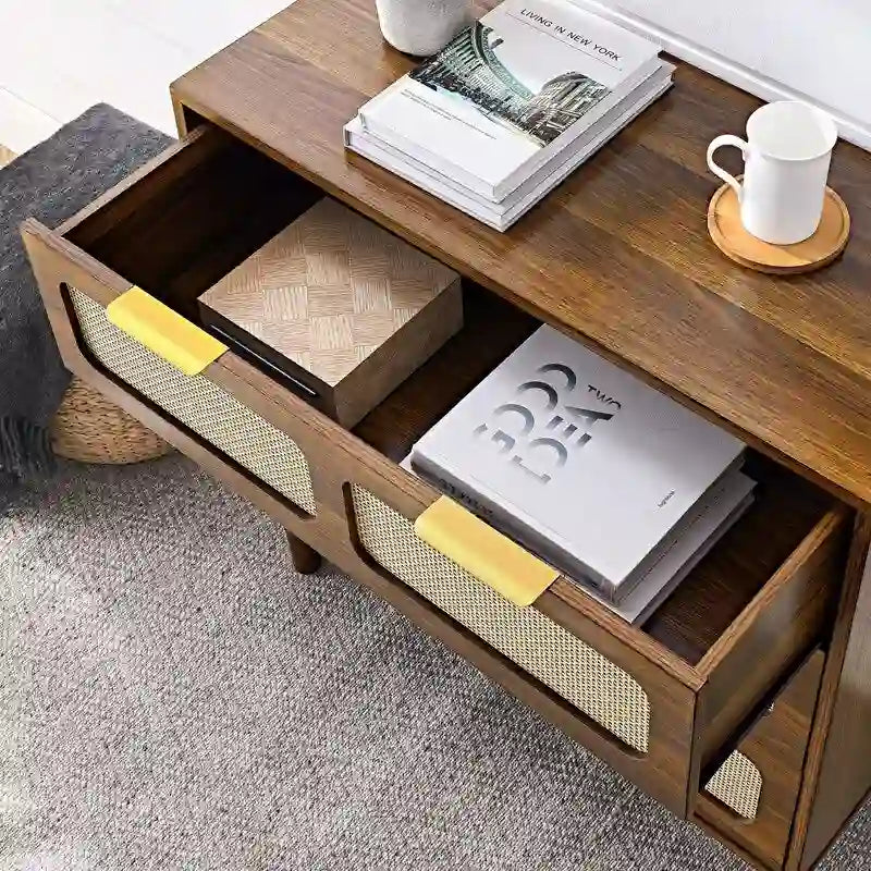 Commode Grondin de style bohème moderne du milieu du siècle, 3 tiroirs en rotin avec cadre en MDF et pieds en bois massif, commode de chambre