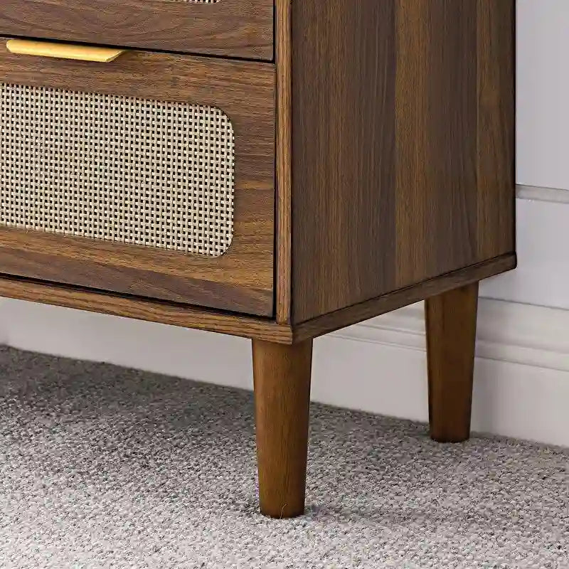 Commode Grondin de style bohème moderne du milieu du siècle, 3 tiroirs en rotin avec cadre en MDF et pieds en bois massif, commode de chambre
