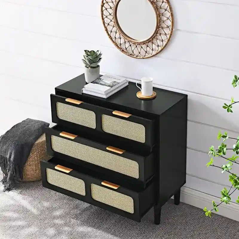 Commode Grondin de style bohème moderne du milieu du siècle, 3 tiroirs en rotin avec cadre en MDF et pieds en bois massif, commode de chambre