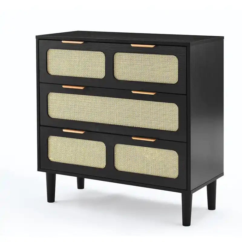 Commode Grondin de style bohème moderne du milieu du siècle, 3 tiroirs en rotin avec cadre en MDF et pieds en bois massif, commode de chambre