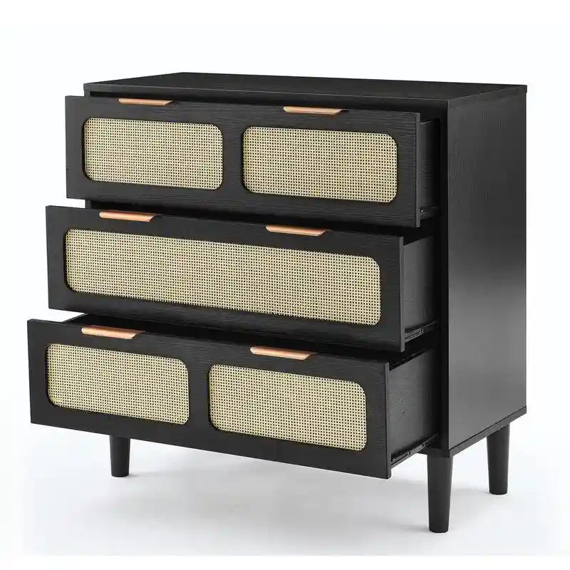 Commode Grondin de style bohème moderne du milieu du siècle, 3 tiroirs en rotin avec cadre en MDF et pieds en bois massif, commode de chambre