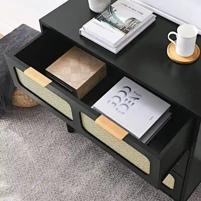 Commode Grondin de style bohème moderne du milieu du siècle, 3 tiroirs en rotin avec cadre en MDF et pieds en bois massif, commode de chambre