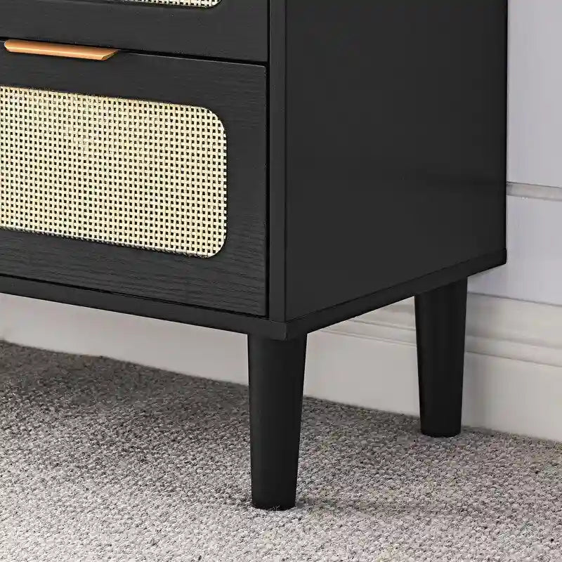 Commode Grondin de style bohème moderne du milieu du siècle, 3 tiroirs en rotin avec cadre en MDF et pieds en bois massif, commode de chambre