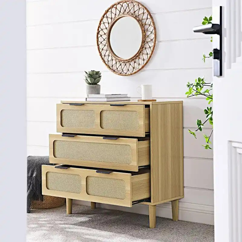 Commode Grondin de style bohème moderne du milieu du siècle, 3 tiroirs en rotin avec cadre en MDF et pieds en bois massif, commode de chambre