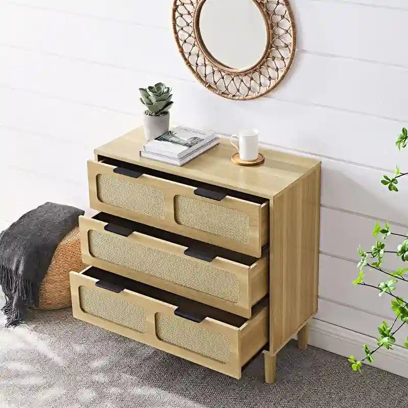 Commode Grondin de style bohème moderne du milieu du siècle, 3 tiroirs en rotin avec cadre en MDF et pieds en bois massif, commode de chambre