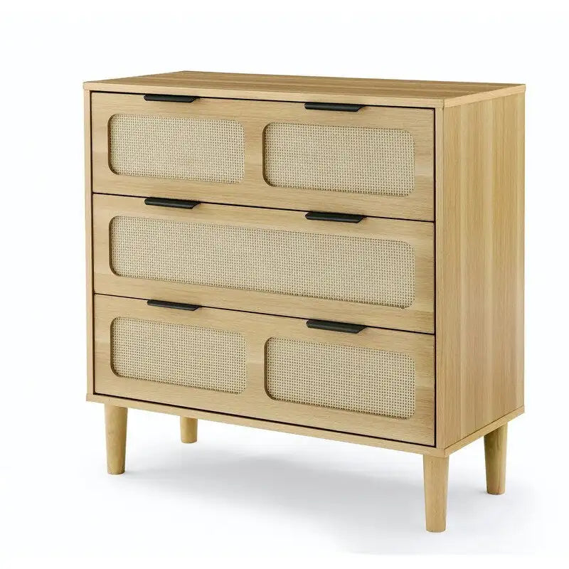 Commode Grondin de style bohème moderne du milieu du siècle, 3 tiroirs en rotin avec cadre en MDF et pieds en bois massif, commode de chambre