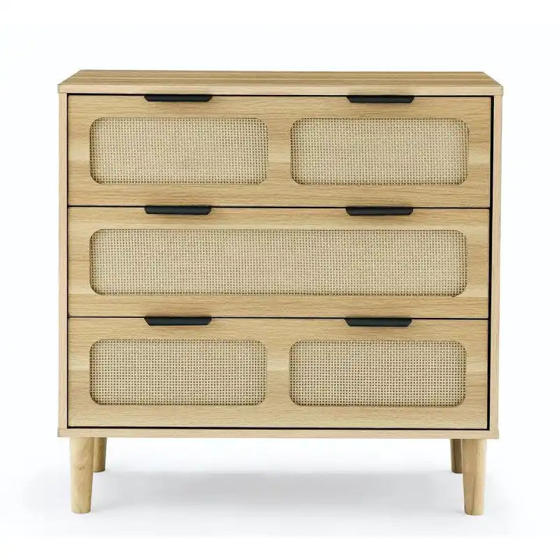 Commode Grondin de style bohème moderne du milieu du siècle, 3 tiroirs en rotin avec cadre en MDF et pieds en bois massif, commode de chambre