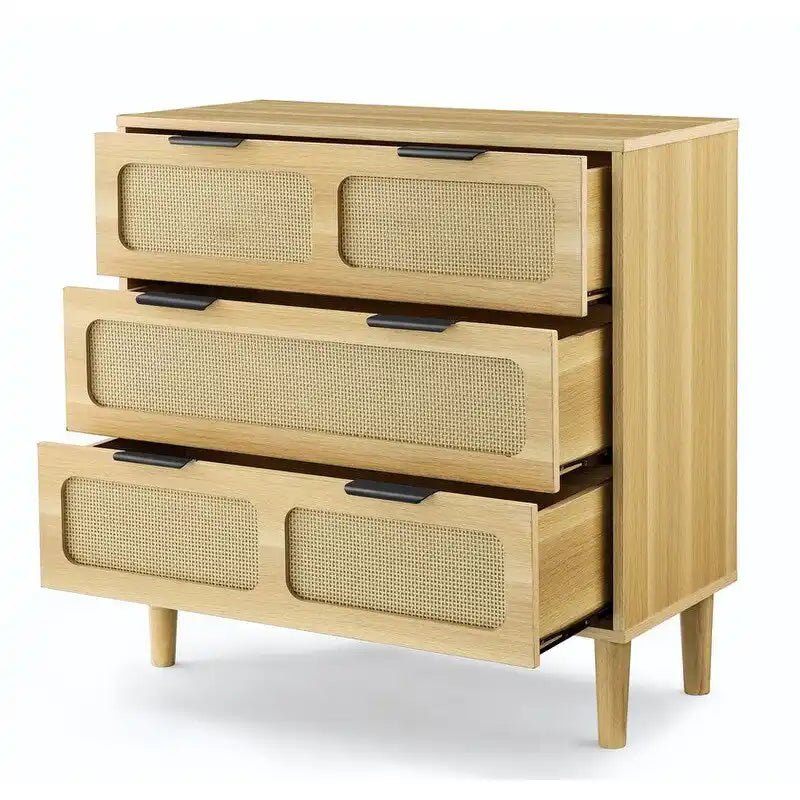 Commode Grondin de style bohème moderne du milieu du siècle, 3 tiroirs en rotin avec cadre en MDF et pieds en bois massif, commode de chambre
