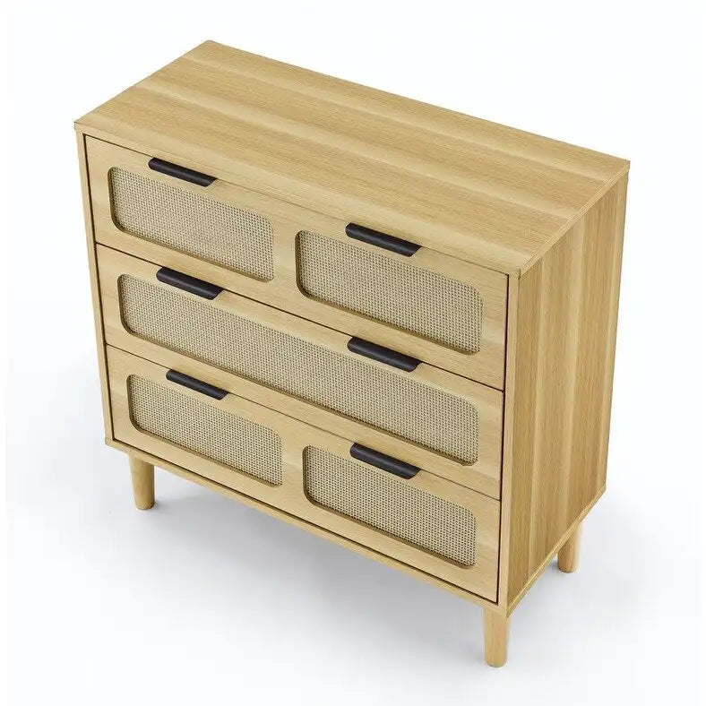 Commode Grondin de style bohème moderne du milieu du siècle, 3 tiroirs en rotin avec cadre en MDF et pieds en bois massif, commode de chambre