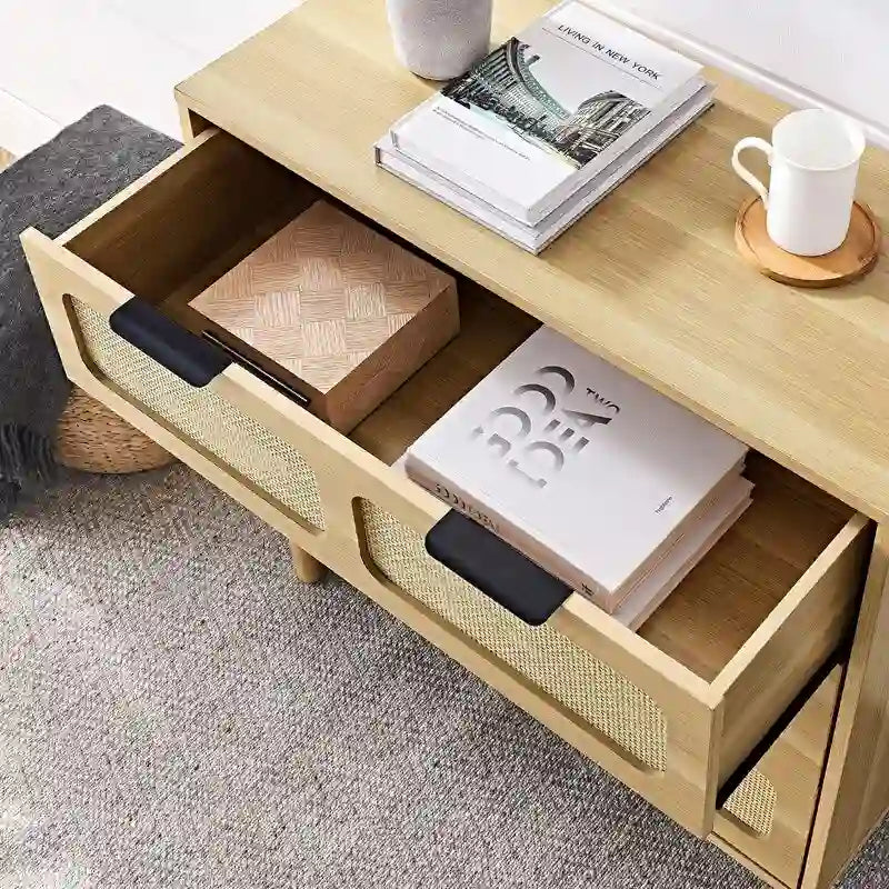 Commode Grondin de style bohème moderne du milieu du siècle, 3 tiroirs en rotin avec cadre en MDF et pieds en bois massif, commode de chambre
