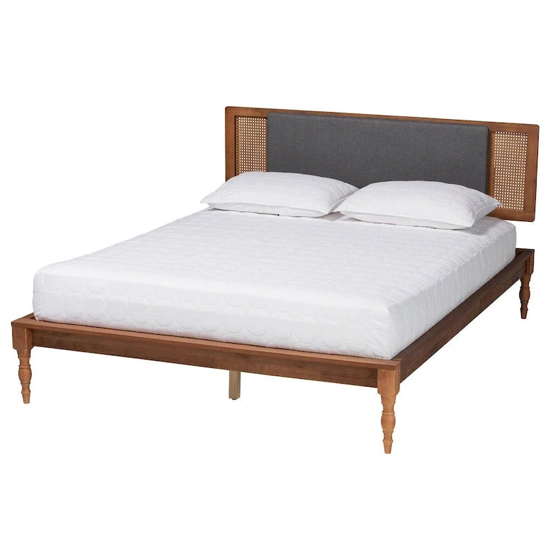Lit plateforme Eliseo Mid-Century Modern en tissu gris foncé et bois finition noyer