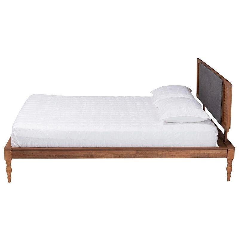 Lit plateforme Eliseo Mid-Century Modern en tissu gris foncé et bois finition noyer