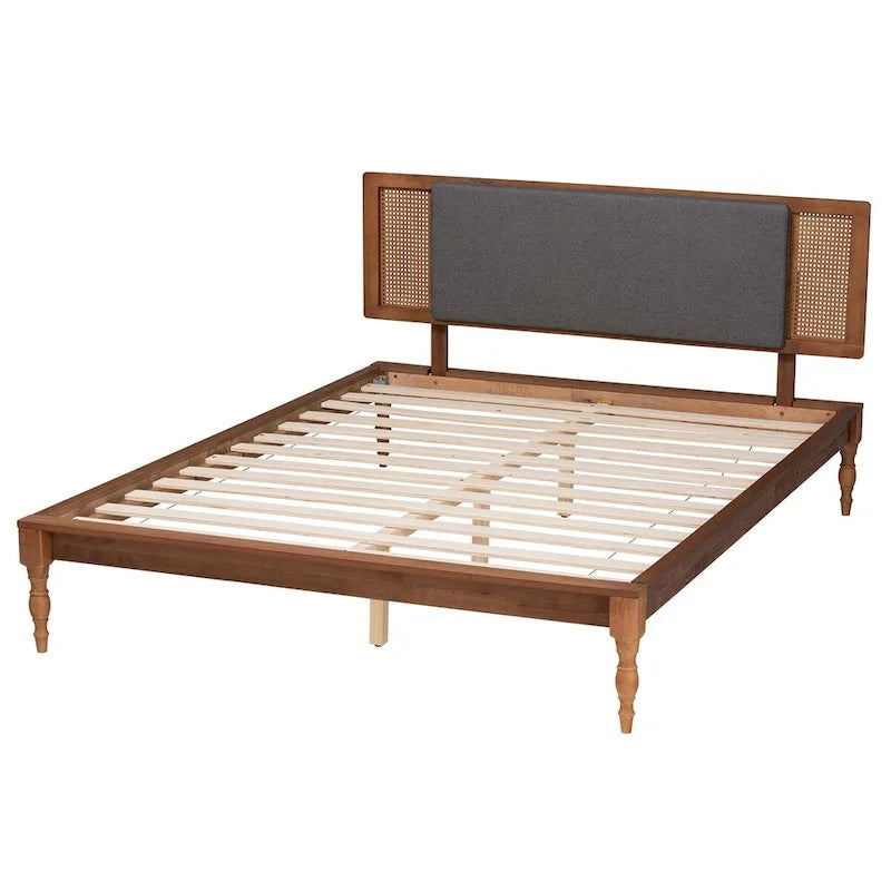Lit plateforme Eliseo Mid-Century Modern en tissu gris foncé et bois finition noyer