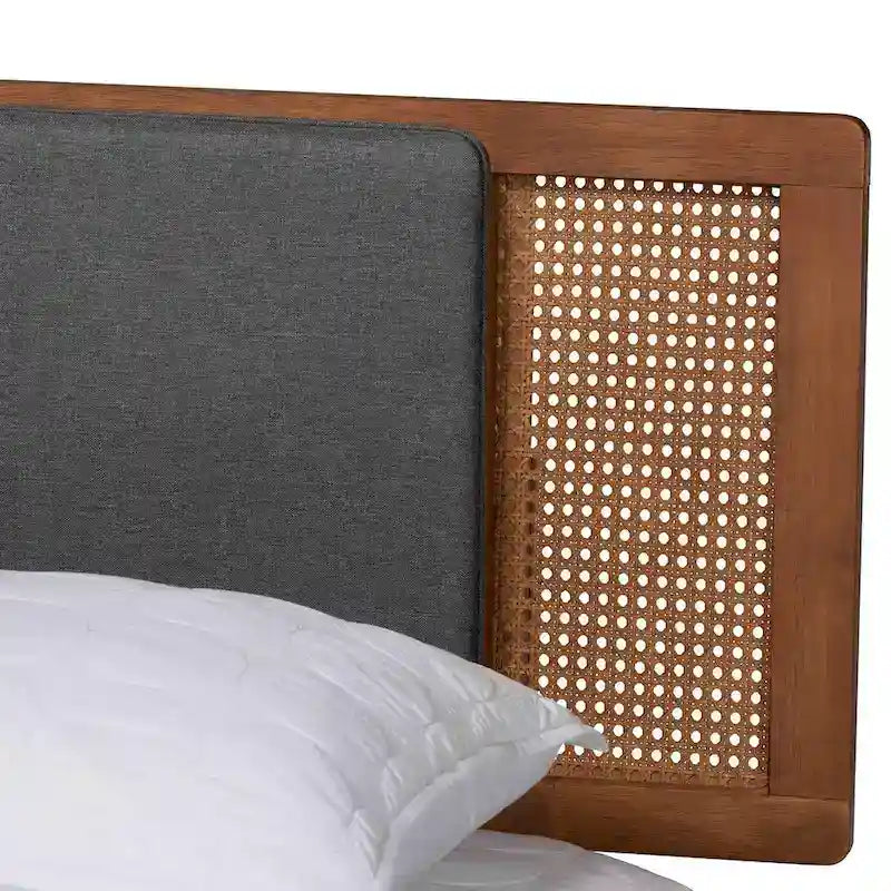 Lit plateforme Eliseo Mid-Century Modern en tissu gris foncé et bois finition noyer