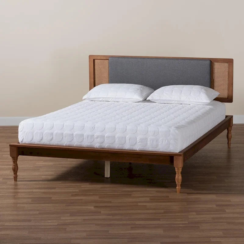 Lit plateforme Eliseo Mid-Century Modern en tissu gris foncé et bois finition noyer