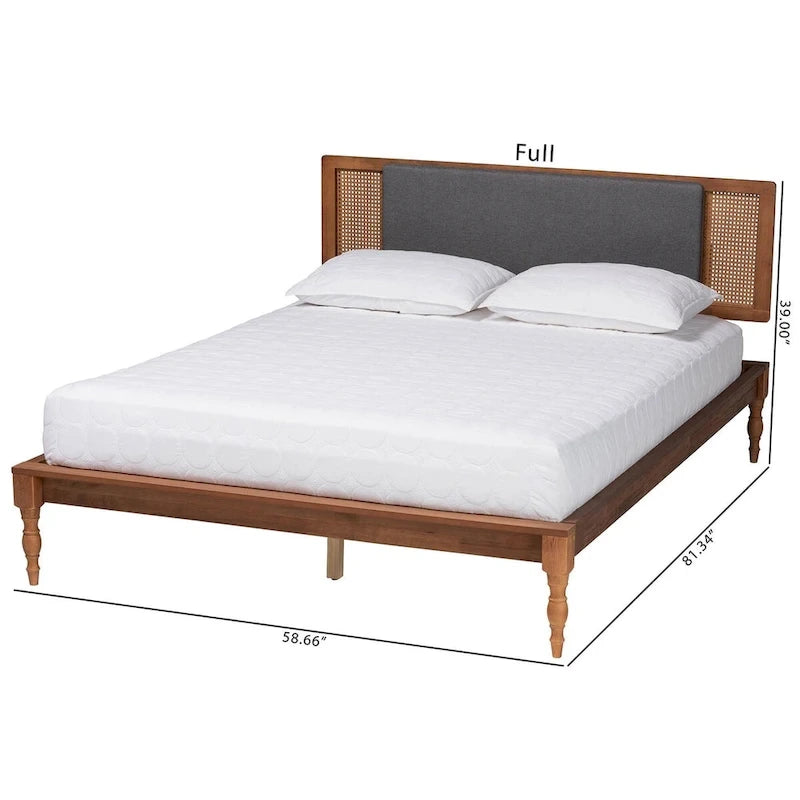 Lit plateforme Eliseo Mid-Century Modern en tissu gris foncé et bois finition noyer