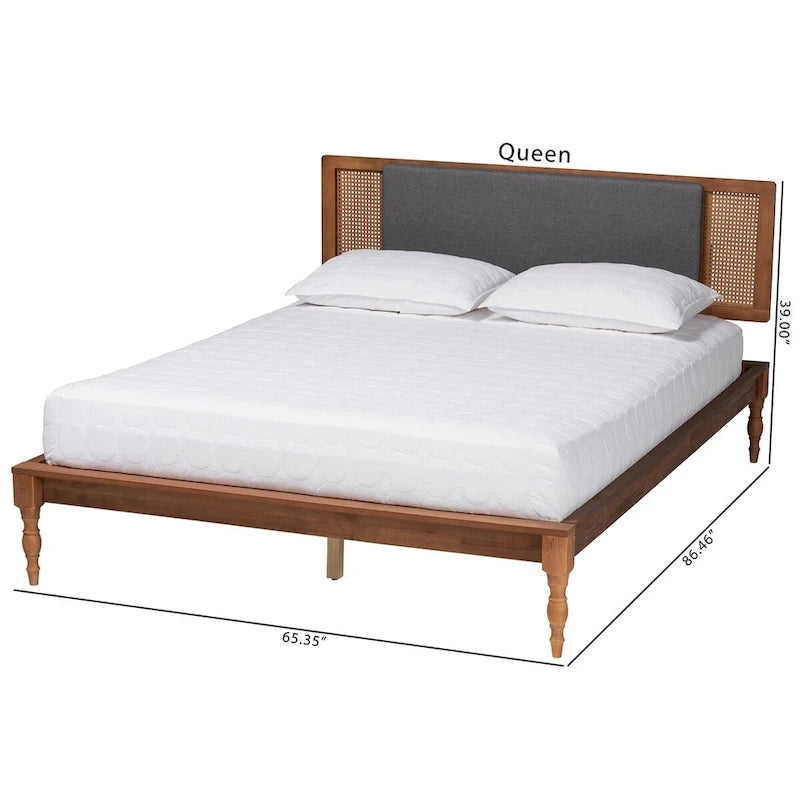 Lit plateforme Eliseo Mid-Century Modern en tissu gris foncé et bois finition noyer