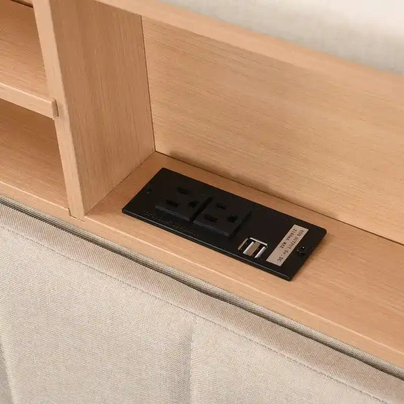 Cadre de lit moderne avec station de recharge et rangement Tête de lit en lin rembourrée, pas besoin de sommier, cadre de lit plateforme
