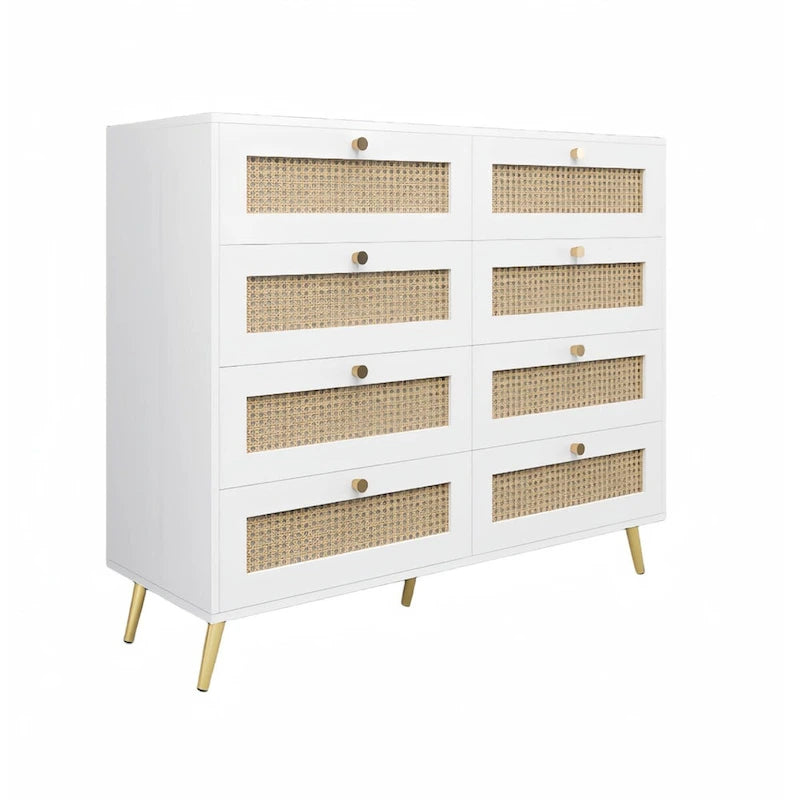 Commode Blanche à 8 Tiroirs avec Façade en Rotin, Pieds et Poignées Dorés