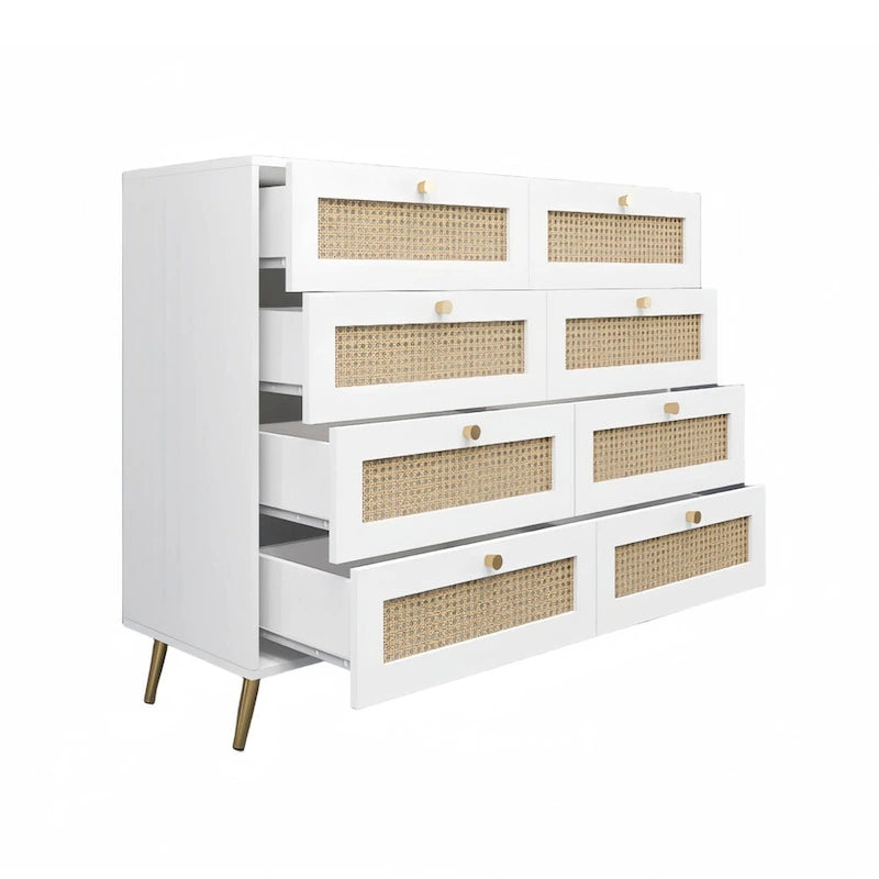 Commode Blanche à 8 Tiroirs avec Façade en Rotin, Pieds et Poignées Dorés