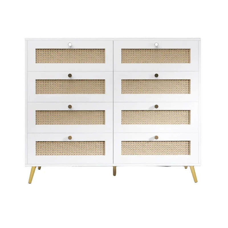 Commode Blanche à 8 Tiroirs avec Façade en Rotin, Pieds et Poignées Dorés