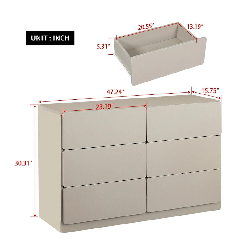 Commode à 6 tiroirs de 47 po de large, buffet, console, armoires de rangement, armoires de rangement d'appoint sans poignée