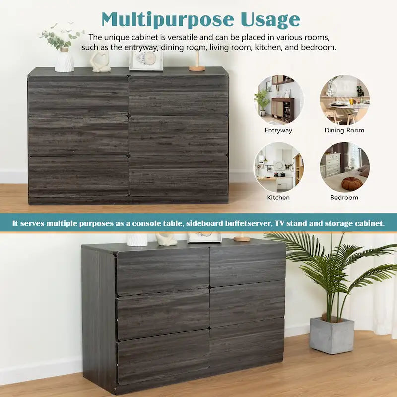Commode à 6 tiroirs de 47 po de large, buffet, console, armoires de rangement, armoires de rangement d'appoint sans poignée