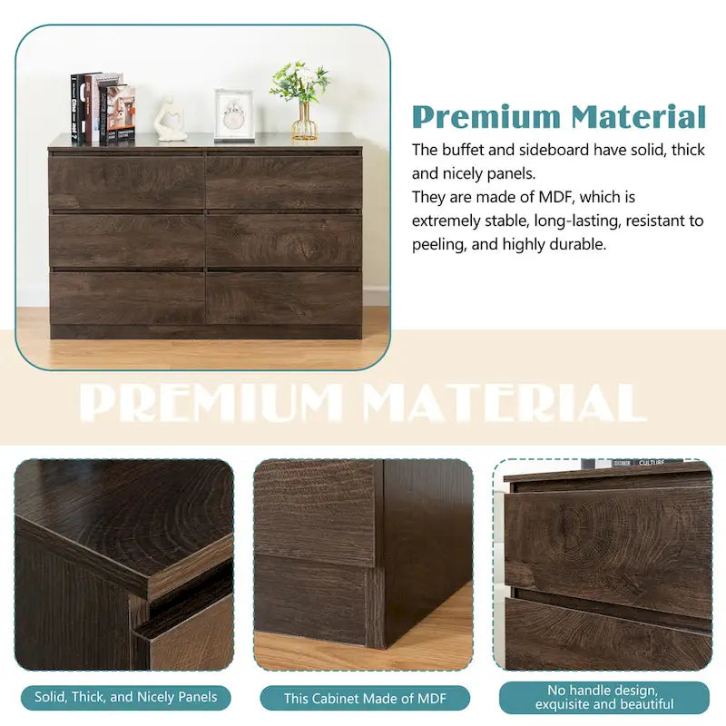 Commode à 6 tiroirs de 47 po de large, buffet, console, armoires de rangement, armoires de rangement d'appoint sans poignée