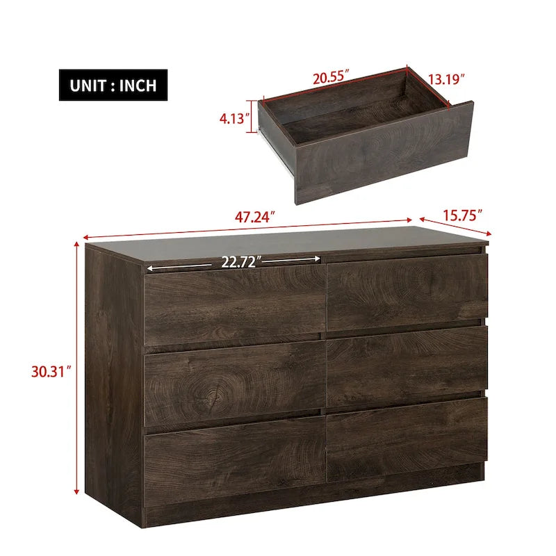Commode à 6 tiroirs de 47 po de large, buffet, console, armoires de rangement, armoires de rangement d'appoint sans poignée