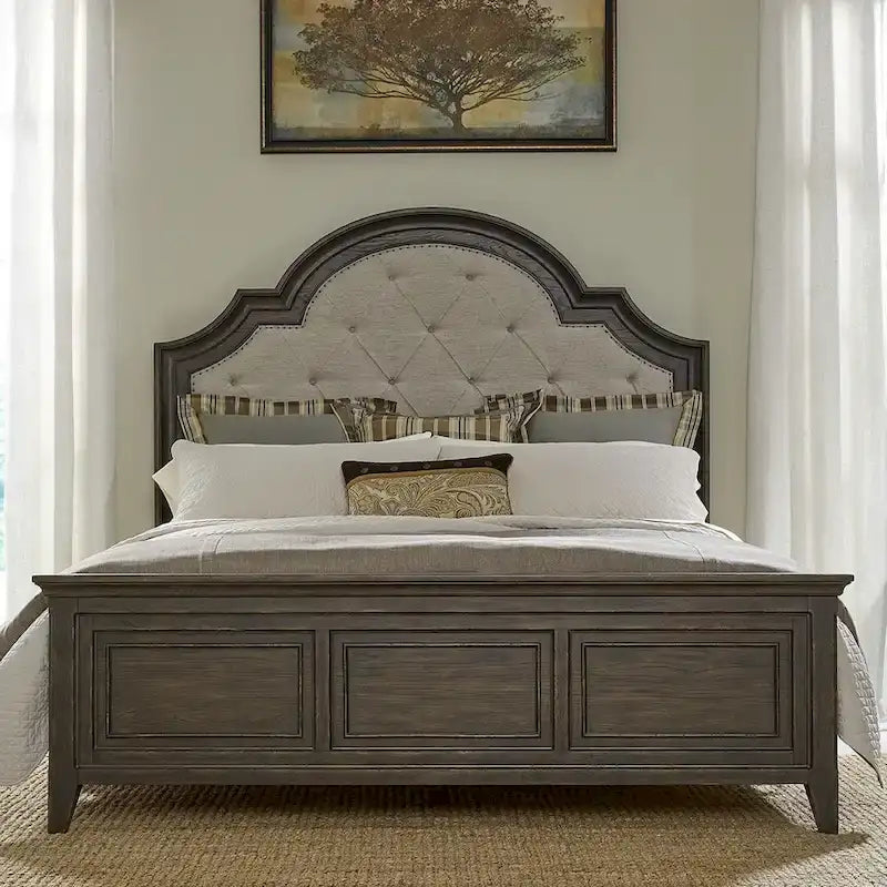 Ensemble de lit, commode et miroir rembourrés marron sellier Paradise Valley