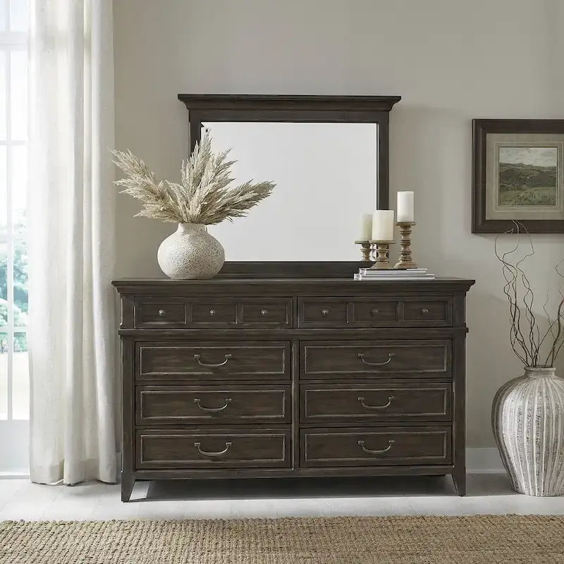 Ensemble de lit, commode et miroir rembourrés marron sellier Paradise Valley