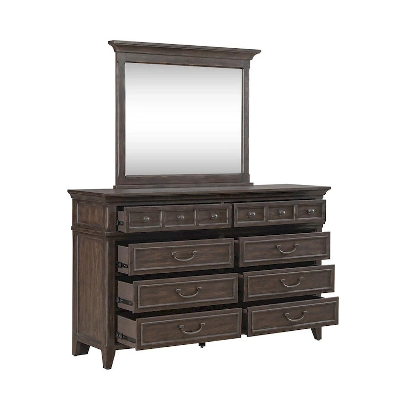 Ensemble de lit, commode et miroir rembourrés marron sellier Paradise Valley