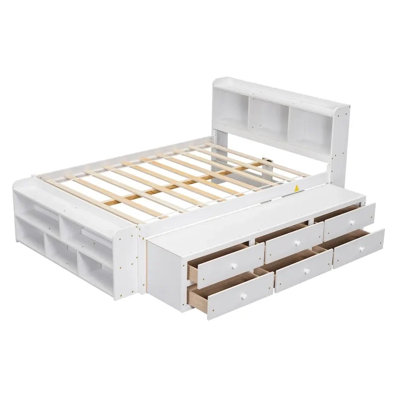 Lit double avec tête de lit bibliothèque, tiroirs de rangement sous le lit et coffre de rangement en bout de lit