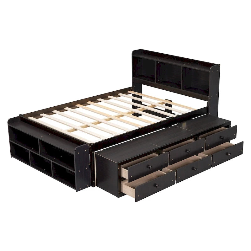 Lit double avec tête de lit bibliothèque, tiroirs de rangement sous le lit et coffre de rangement en bout de lit