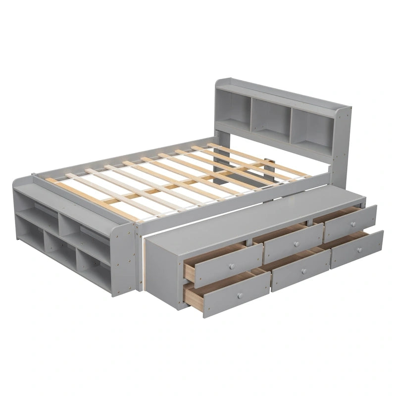 Lit double avec tête de lit bibliothèque, tiroirs de rangement sous le lit et coffre de rangement en bout de lit