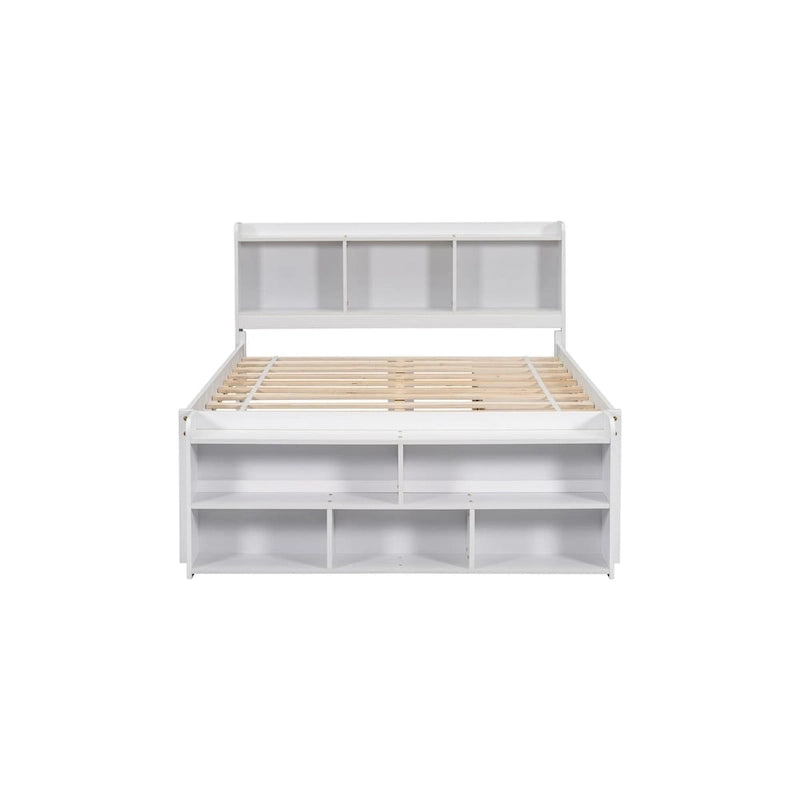 Lit double avec tête de lit bibliothèque, tiroirs de rangement sous le lit et coffre de rangement en bout de lit