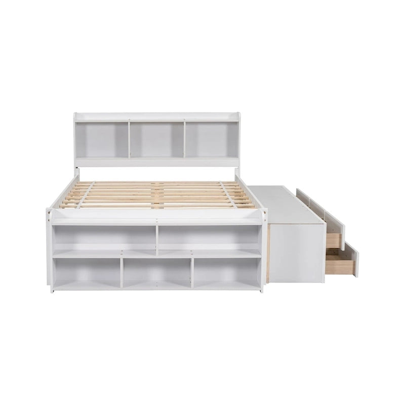 Lit double avec tête de lit bibliothèque, tiroirs de rangement sous le lit et coffre de rangement en bout de lit